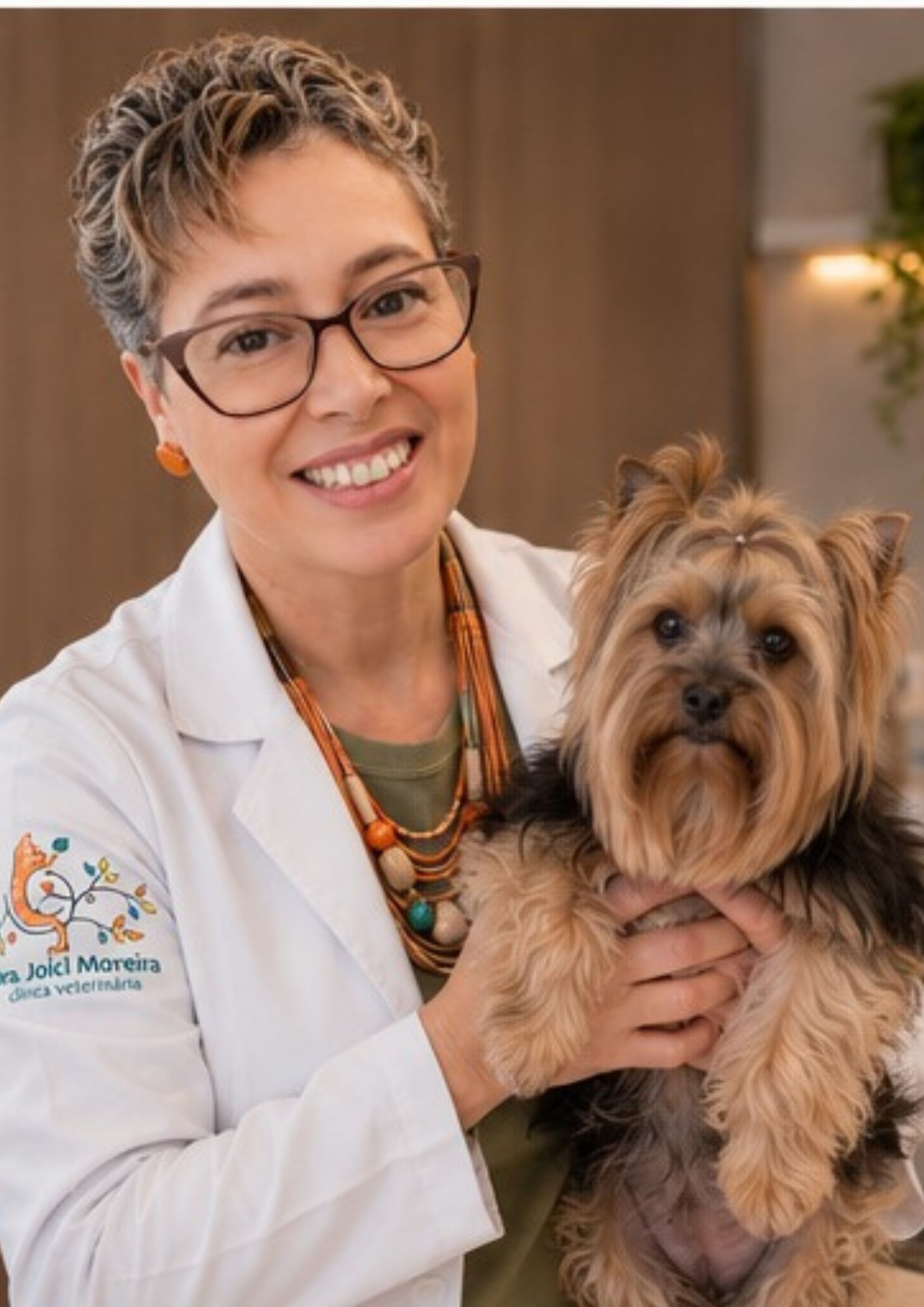 Dra. Joici Moreira segurando um pet com carinho em seu consultório